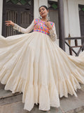 Admirable Off-White Multi Thread Work Cotton Festive Special Gown - Zeel Clothing