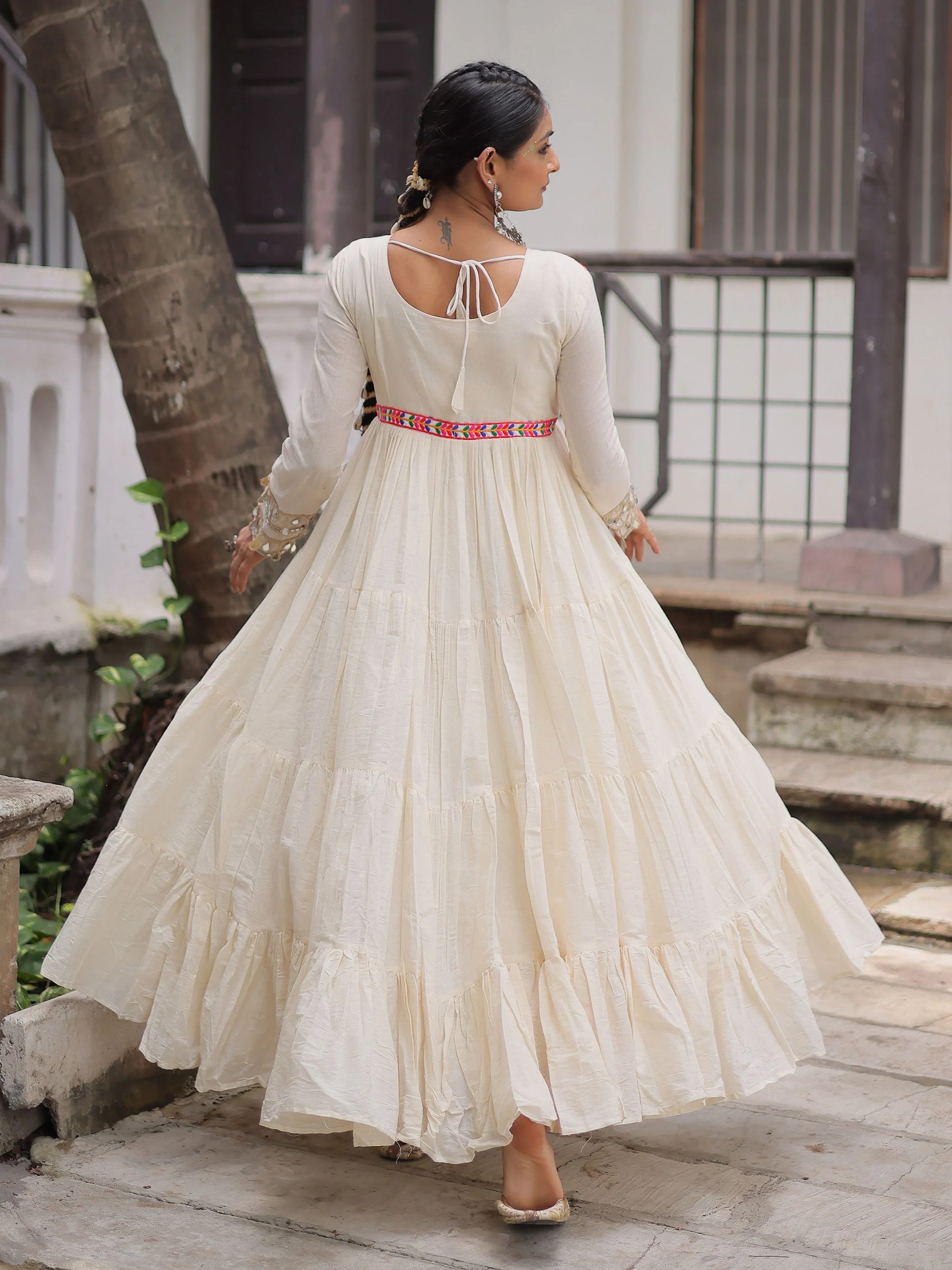 Admirable Off-White Multi Thread Work Cotton Festive Special Gown - Zeel Clothing