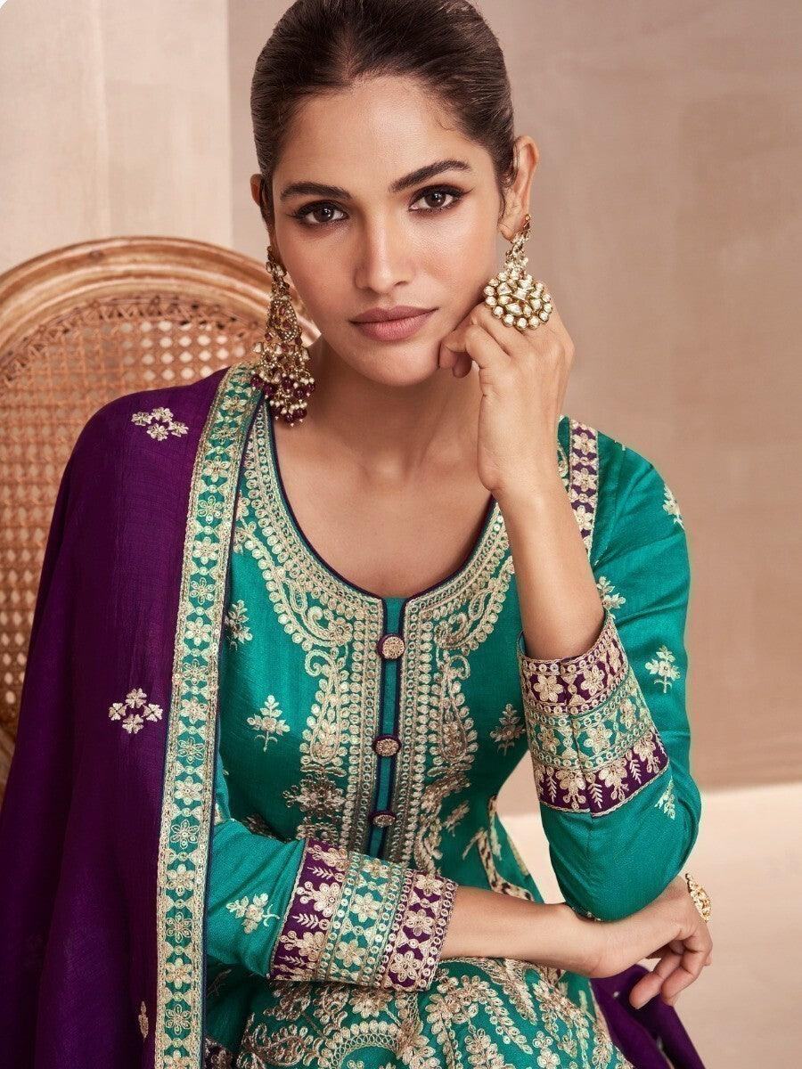 Adorable Aqua Blue Embroidered Silk Festive Wear Palazzo Suit