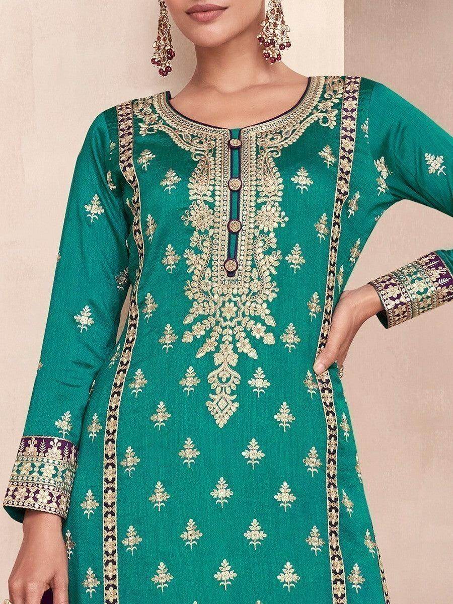 Adorable Aqua Blue Embroidered Silk Festive Wear Palazzo Suit - Zeel Clothing