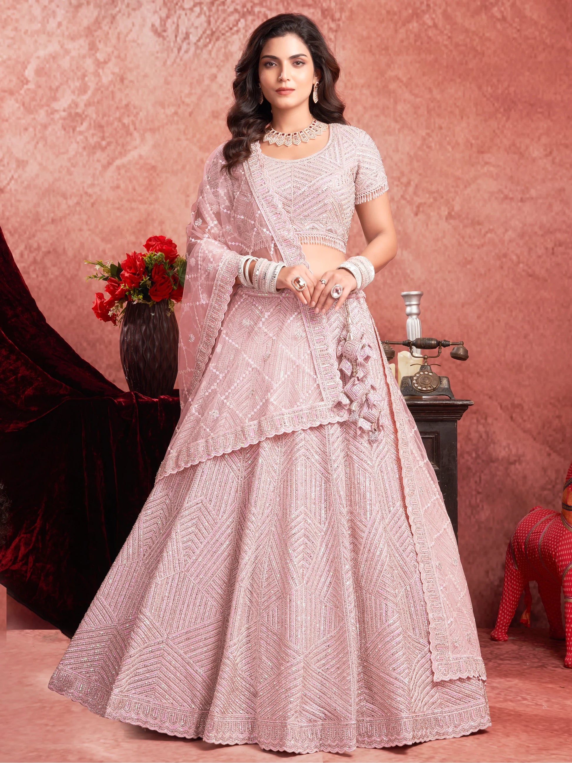 Adorable Baby Pink Sequins Work Net Engagement Wear Lehenga Choli - Zeel Clothing