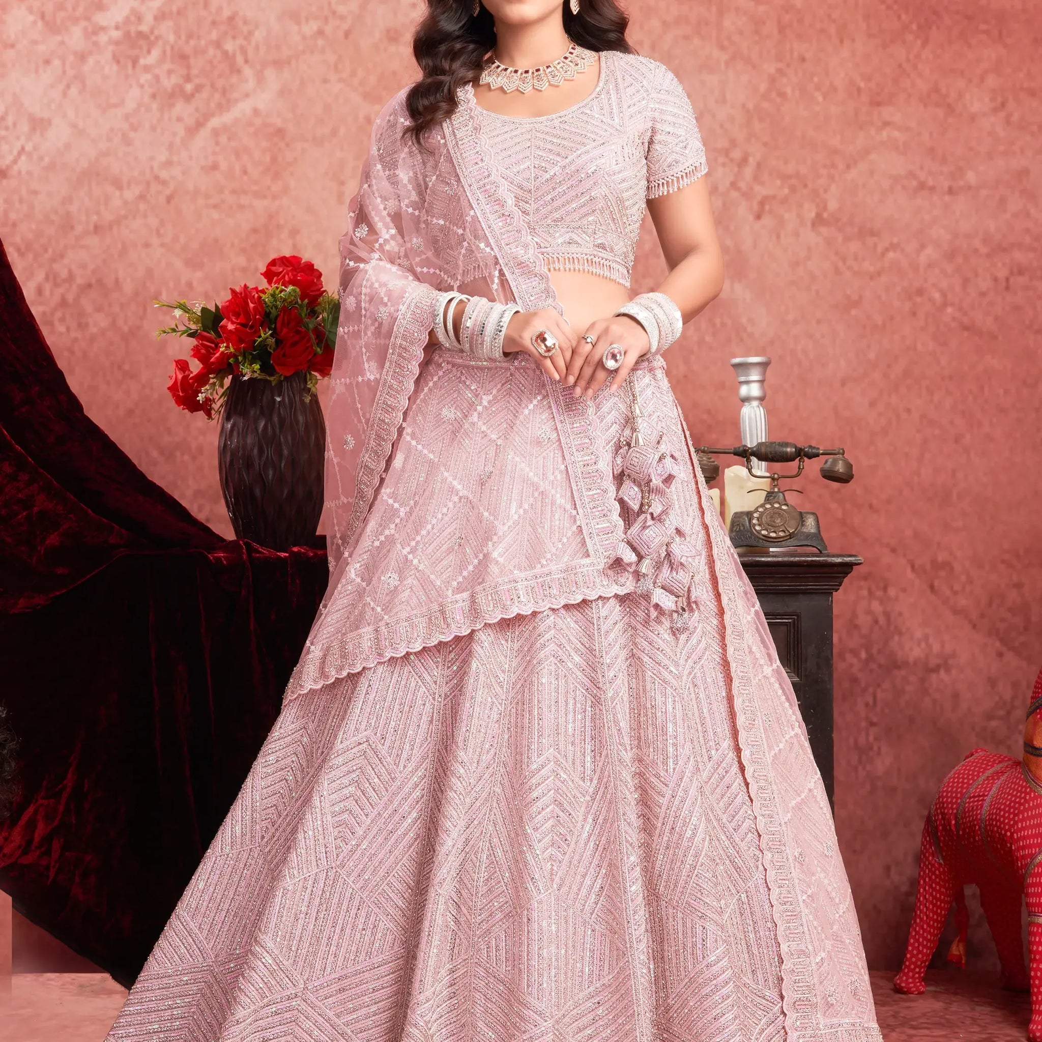 Adorable Baby Pink Sequins Work Net Engagement Wear Lehenga Choli - Zeel Clothing
