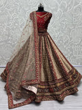 Adorable Beige & Maroon Multi-Thread Work Velvet Bridal Lehenga Choli - Zeel Clothing