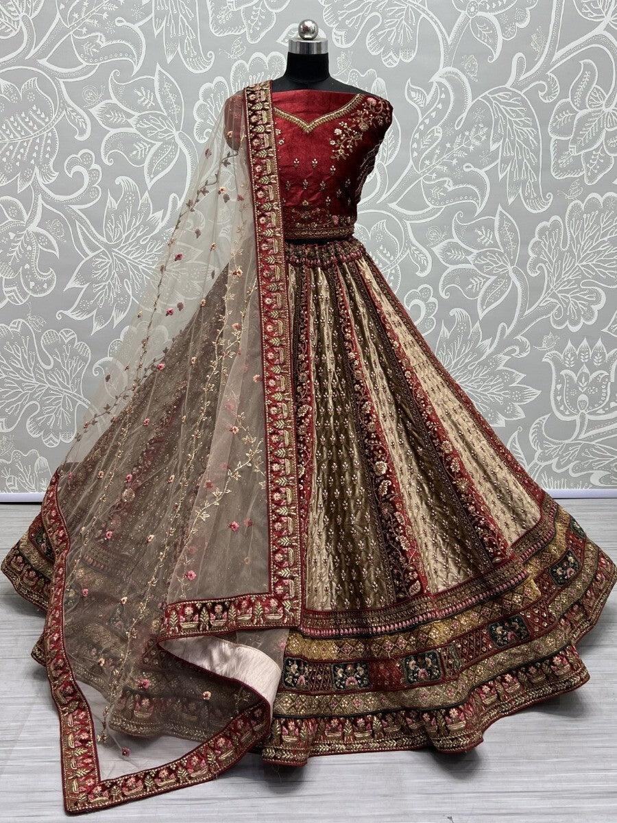 Adorable Beige & Maroon Multi-Thread Work Velvet Bridal Lehenga Choli - Zeel Clothing