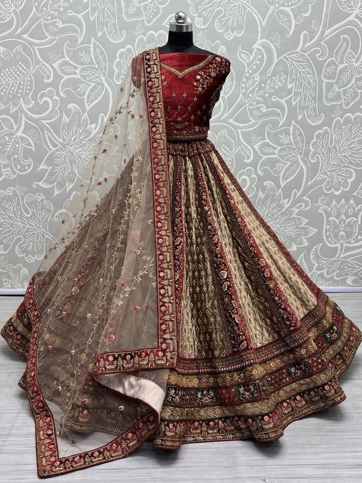 Adorable Beige & Maroon Multi-Thread Work Velvet Bridal Lehenga Choli - Zeel Clothing