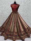 Adorable Beige & Maroon Multi-Thread Work Velvet Bridal Lehenga Choli - Zeel Clothing