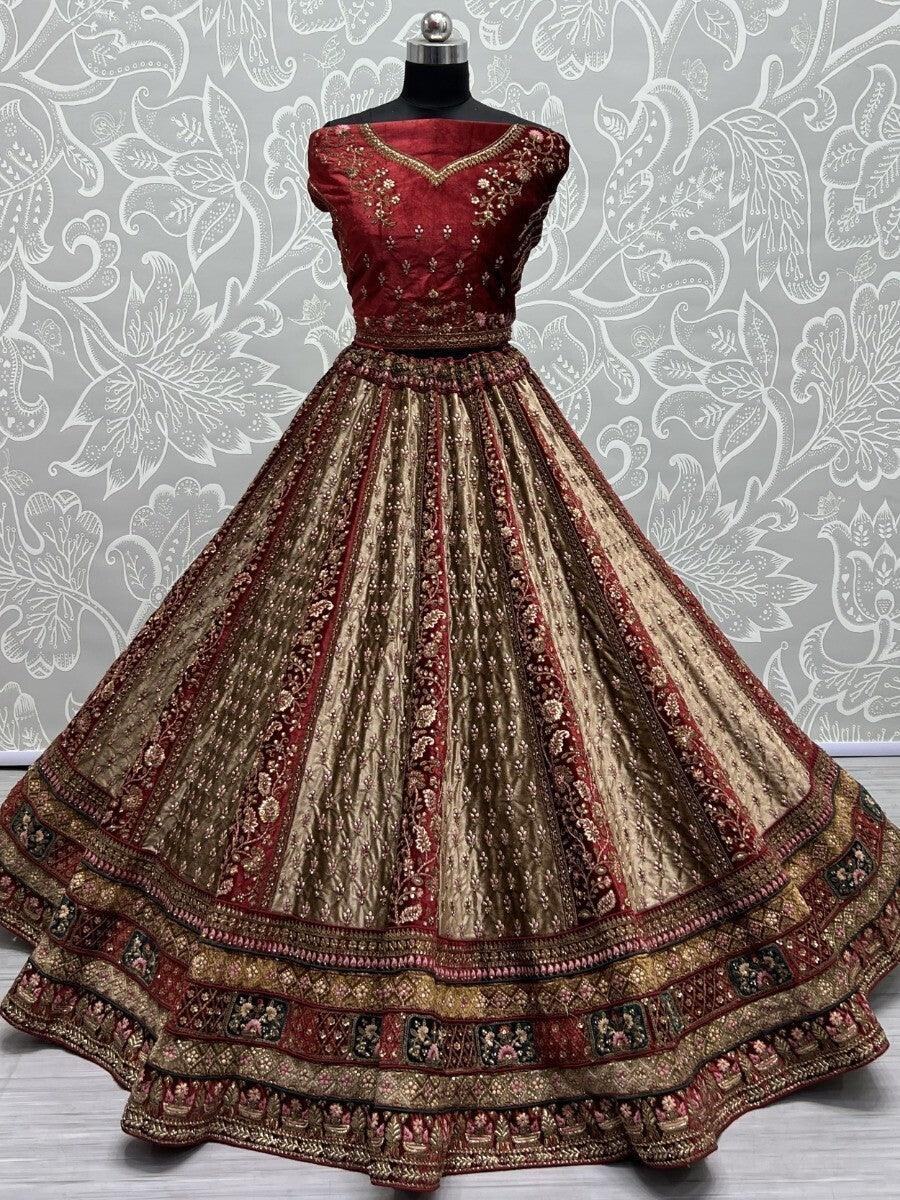 Adorable Beige & Maroon Multi-Thread Work Velvet Bridal Lehenga Choli - Zeel Clothing