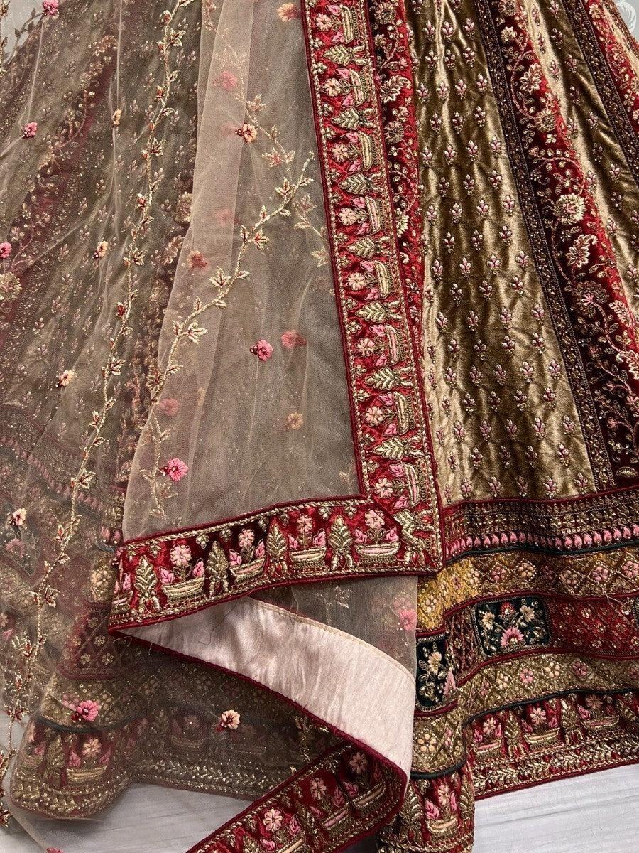 Adorable Beige & Maroon Multi-Thread Work Velvet Bridal Lehenga Choli - Zeel Clothing