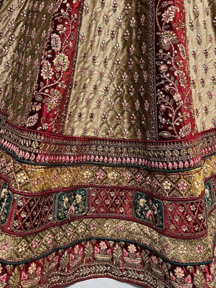 Adorable Beige & Maroon Multi-Thread Work Velvet Bridal Lehenga Choli - Zeel Clothing