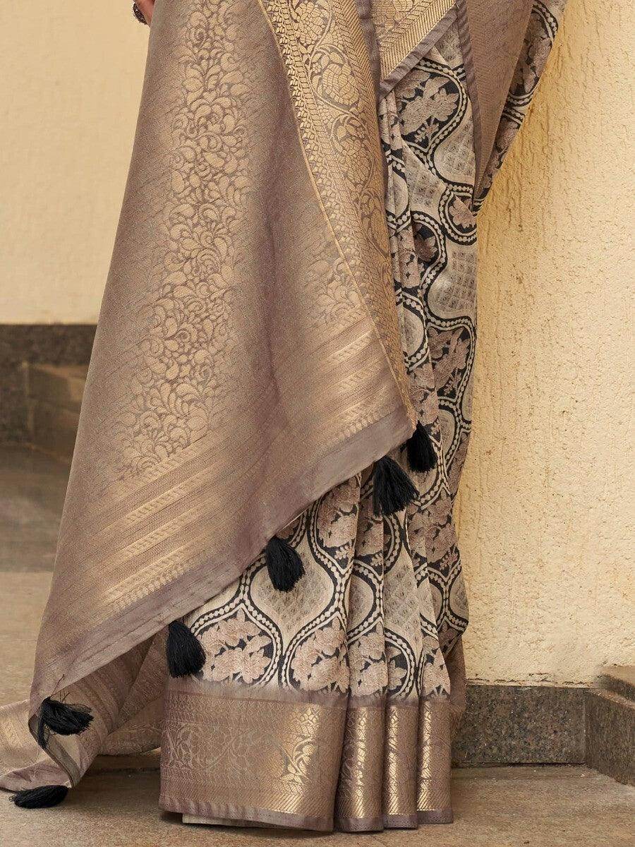 Adorable Beige Floral Printed Silk Sangeet Wear Saree With Blouse - Zeel Clothing