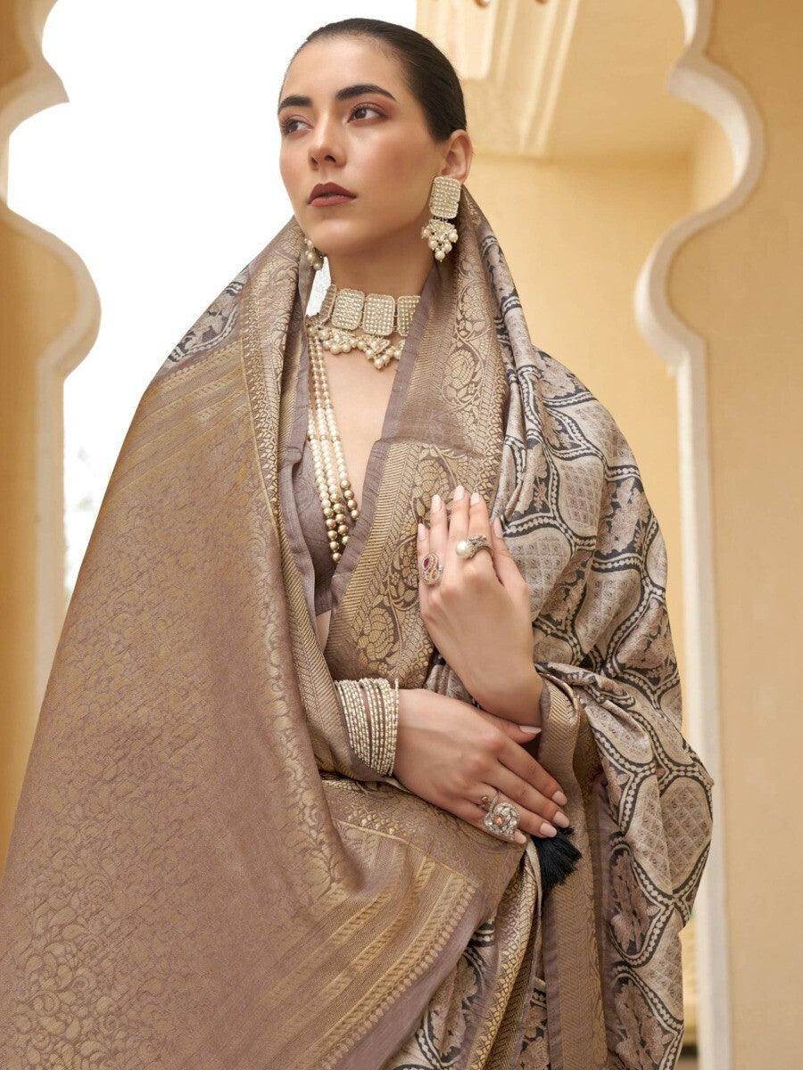 Adorable Beige Floral Printed Silk Sangeet Wear Saree With Blouse - Zeel Clothing