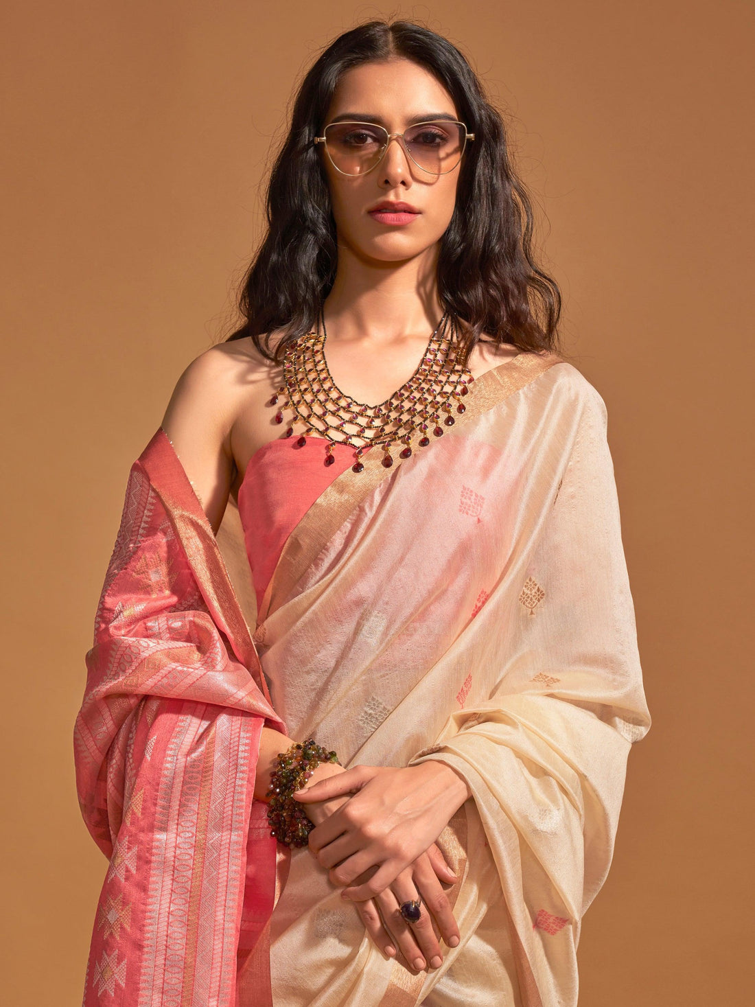Adorable Beige Weaving Silk Traditional Saree With Blouse