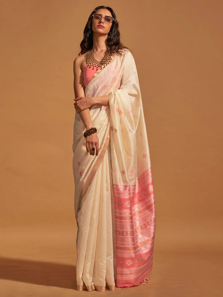 Adorable Beige Weaving Silk Traditional Saree With Blouse - Zeel Clothing