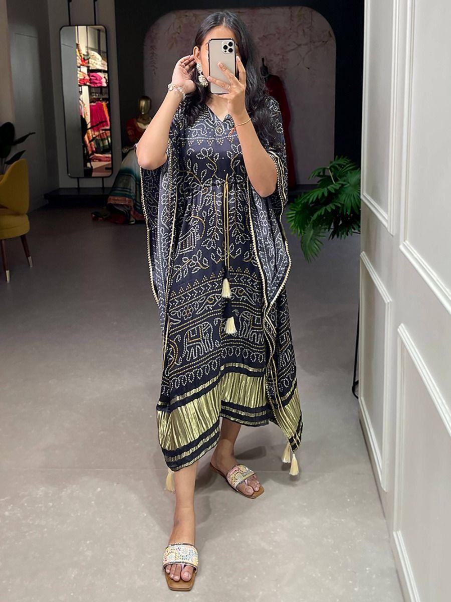 Adorable Black Bandhani Print Gaji Silk Event Wear Readymade Kaftan