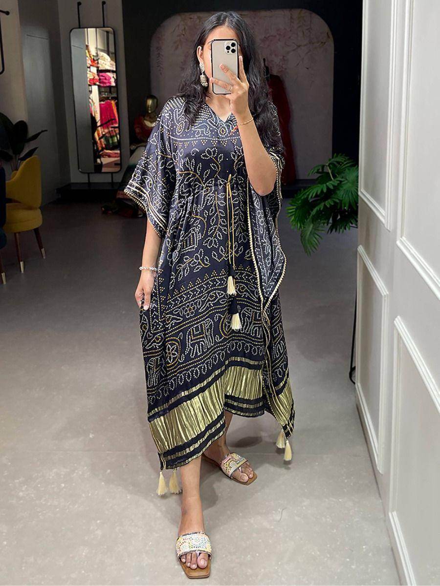 Adorable Black Bandhani Print Gaji Silk Event Wear Readymade Kaftan - Zeel Clothing