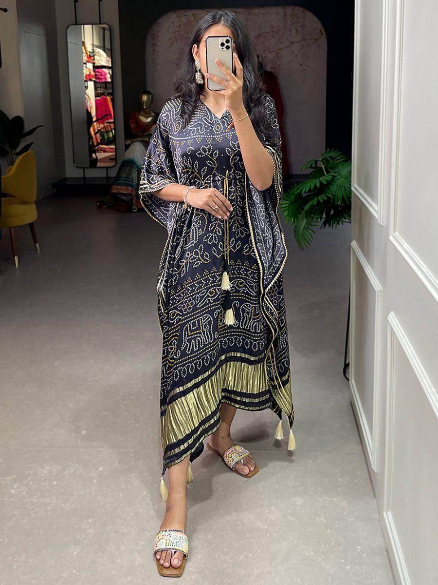 Adorable Black Bandhani Print Gaji Silk Event Wear Readymade Kaftan - Zeel Clothing