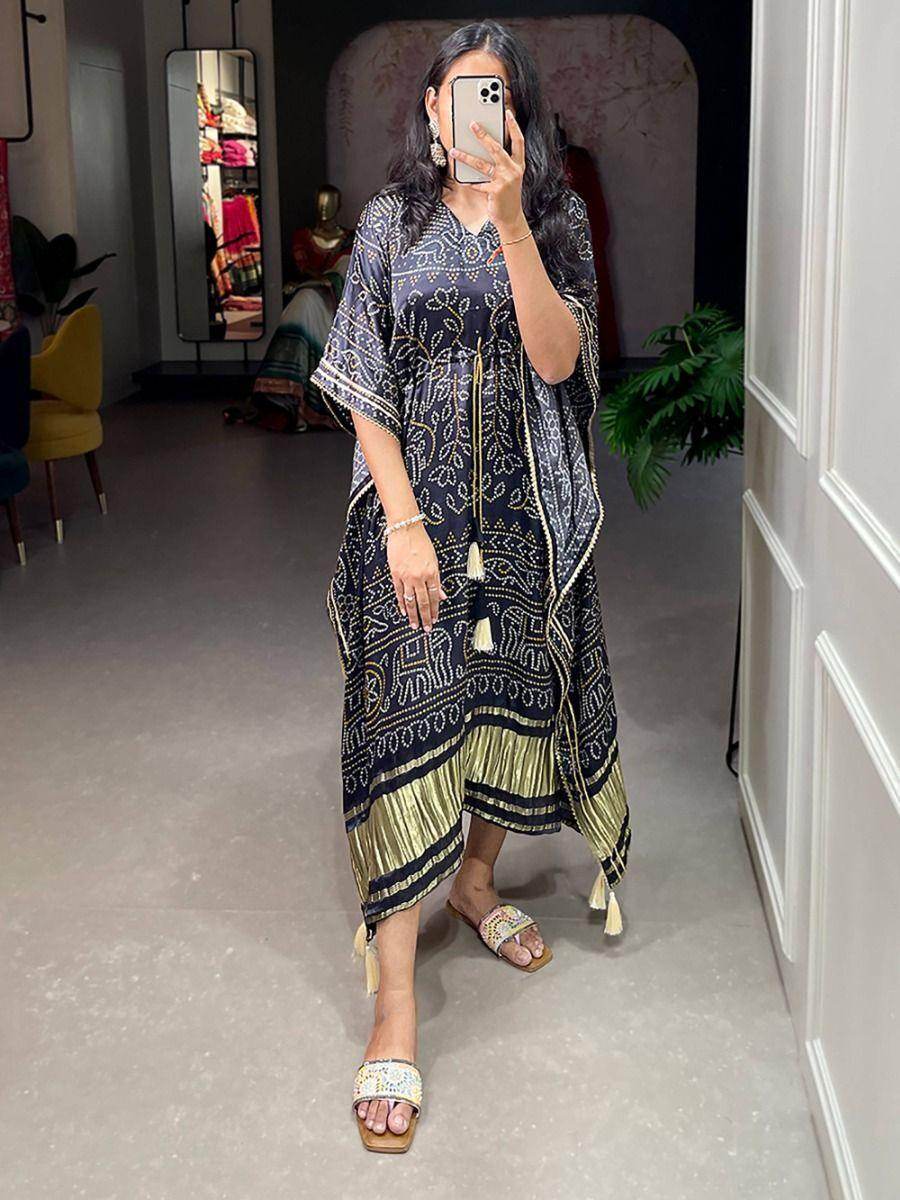 Adorable Black Bandhani Print Gaji Silk Event Wear Readymade Kaftan - Zeel Clothing
