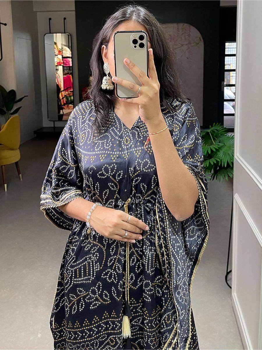 Adorable Black Bandhani Print Gaji Silk Event Wear Readymade Kaftan - Zeel Clothing