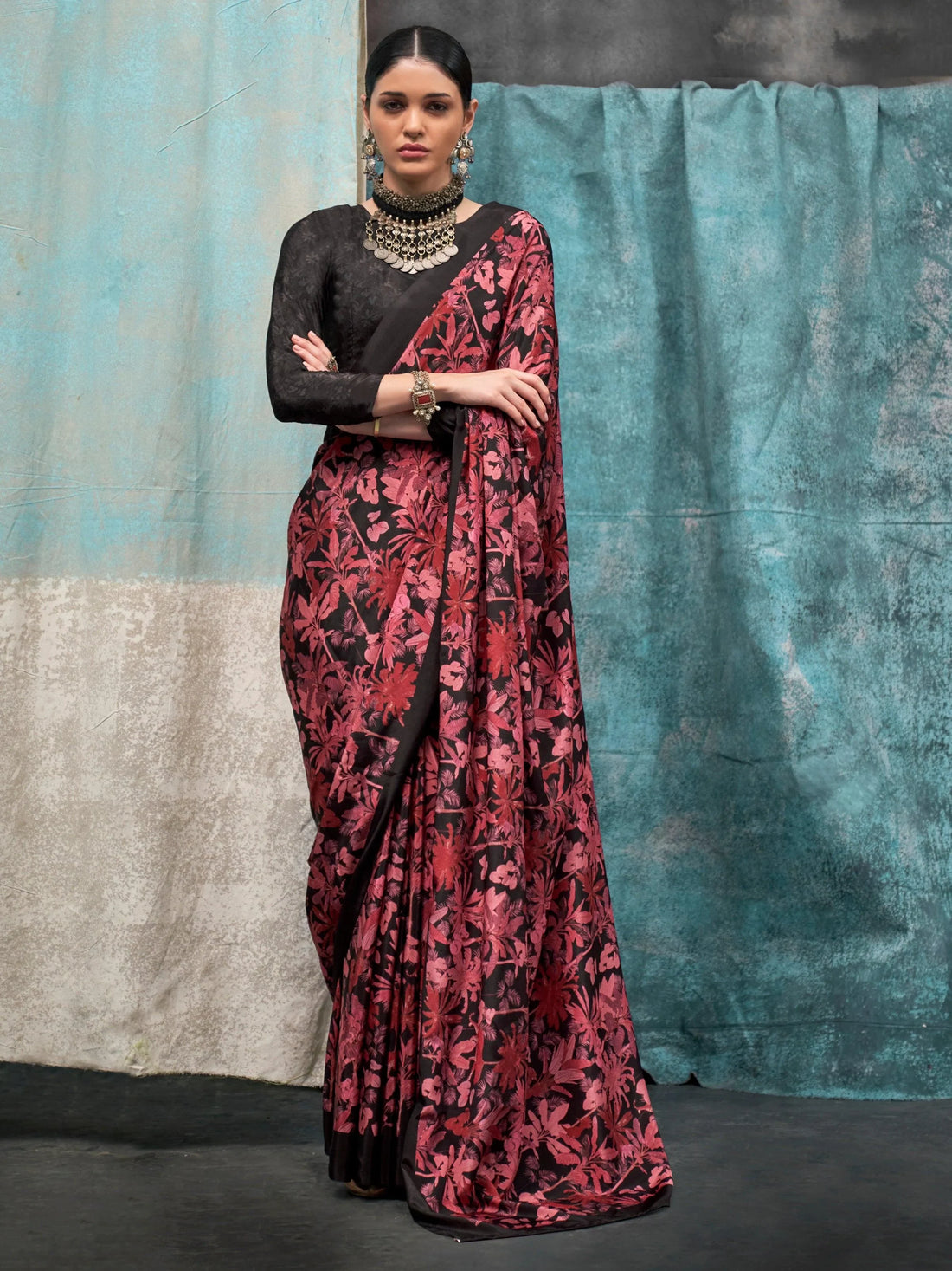 Adorable Black Digital Printed Crape Party Wear Saree With Blouse