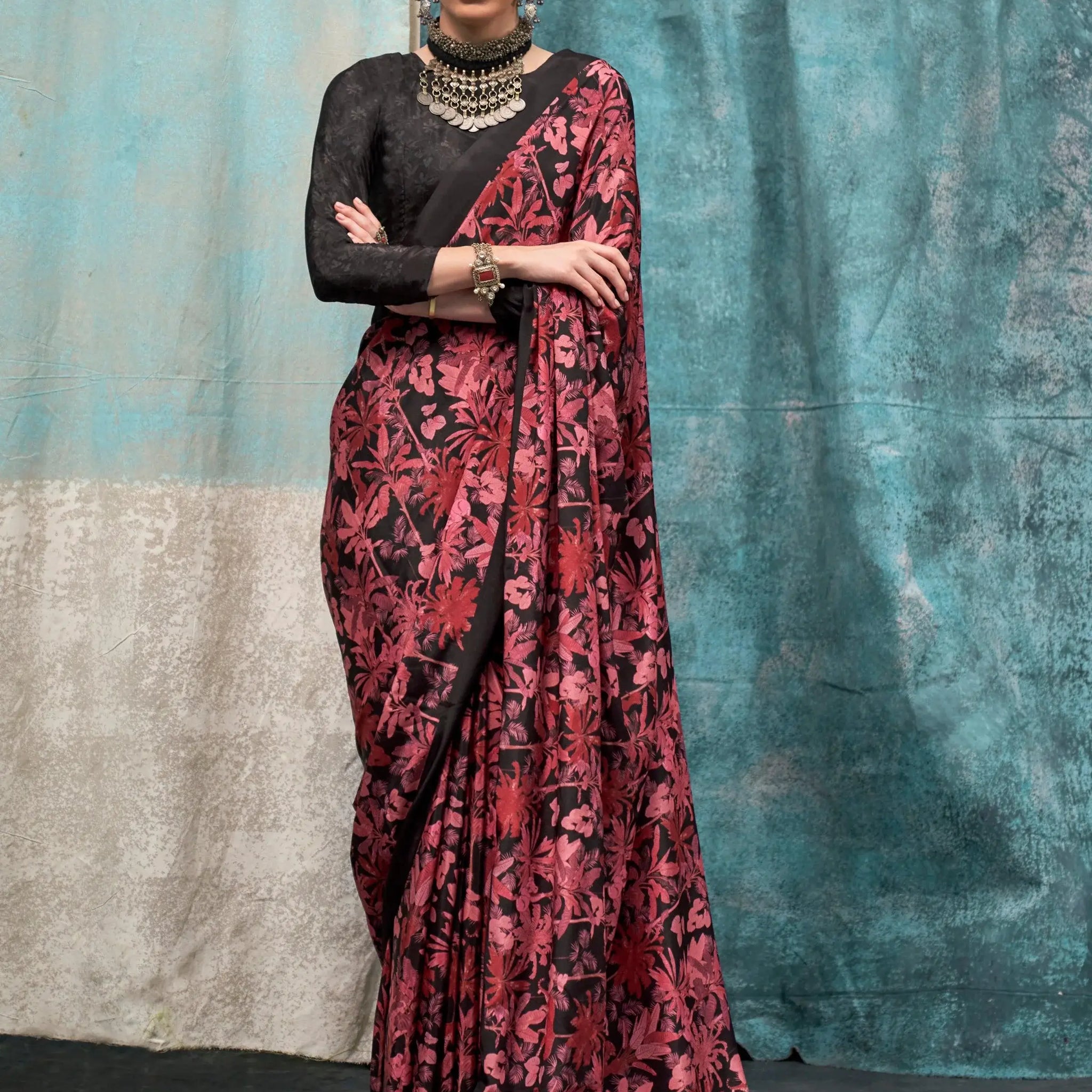 Adorable Black Digital Printed Crape Party Wear Saree With Blouse - Zeel Clothing