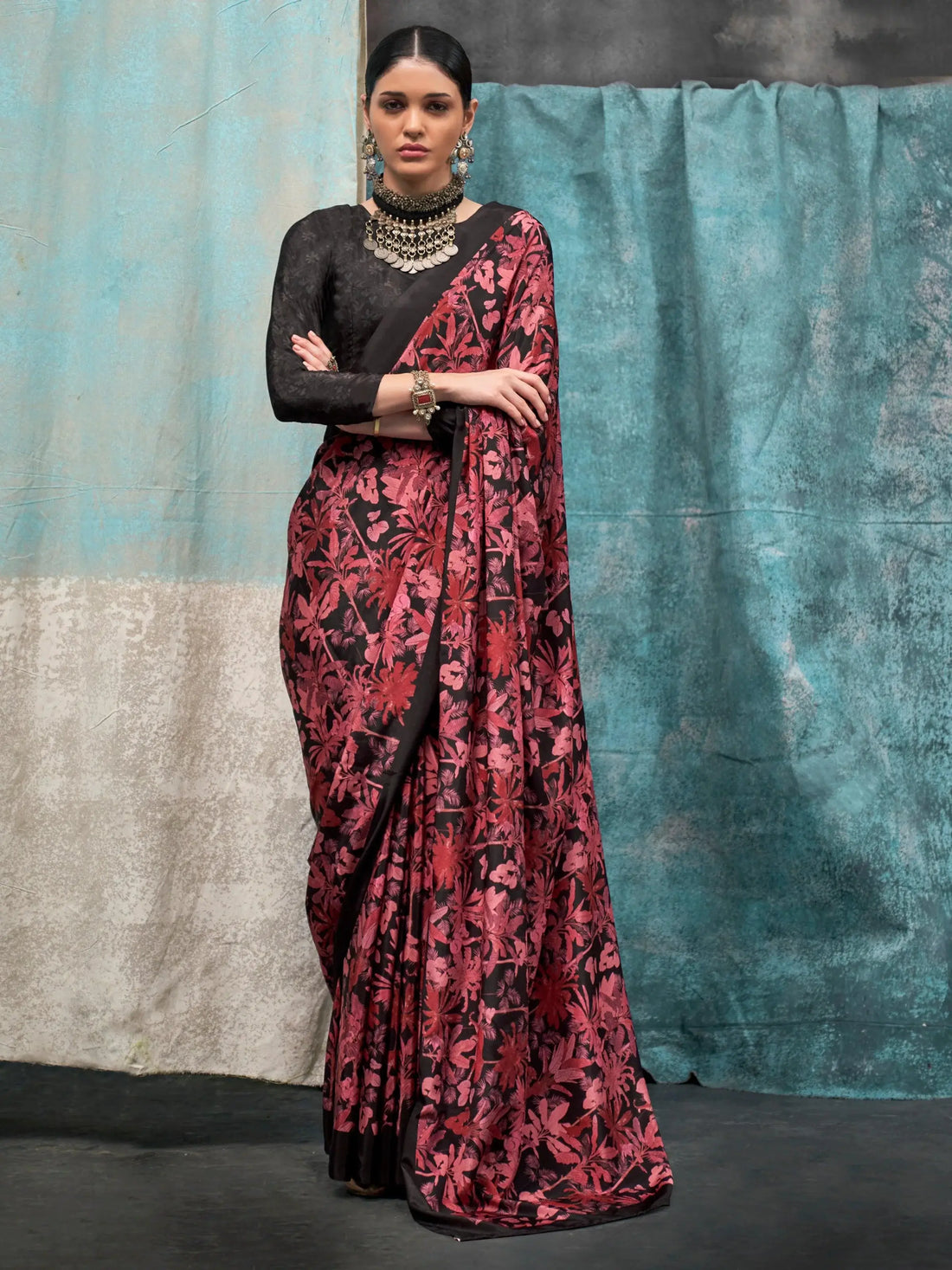 Adorable Black Digital Printed Crape Party Wear Saree With Blouse - Zeel Clothing