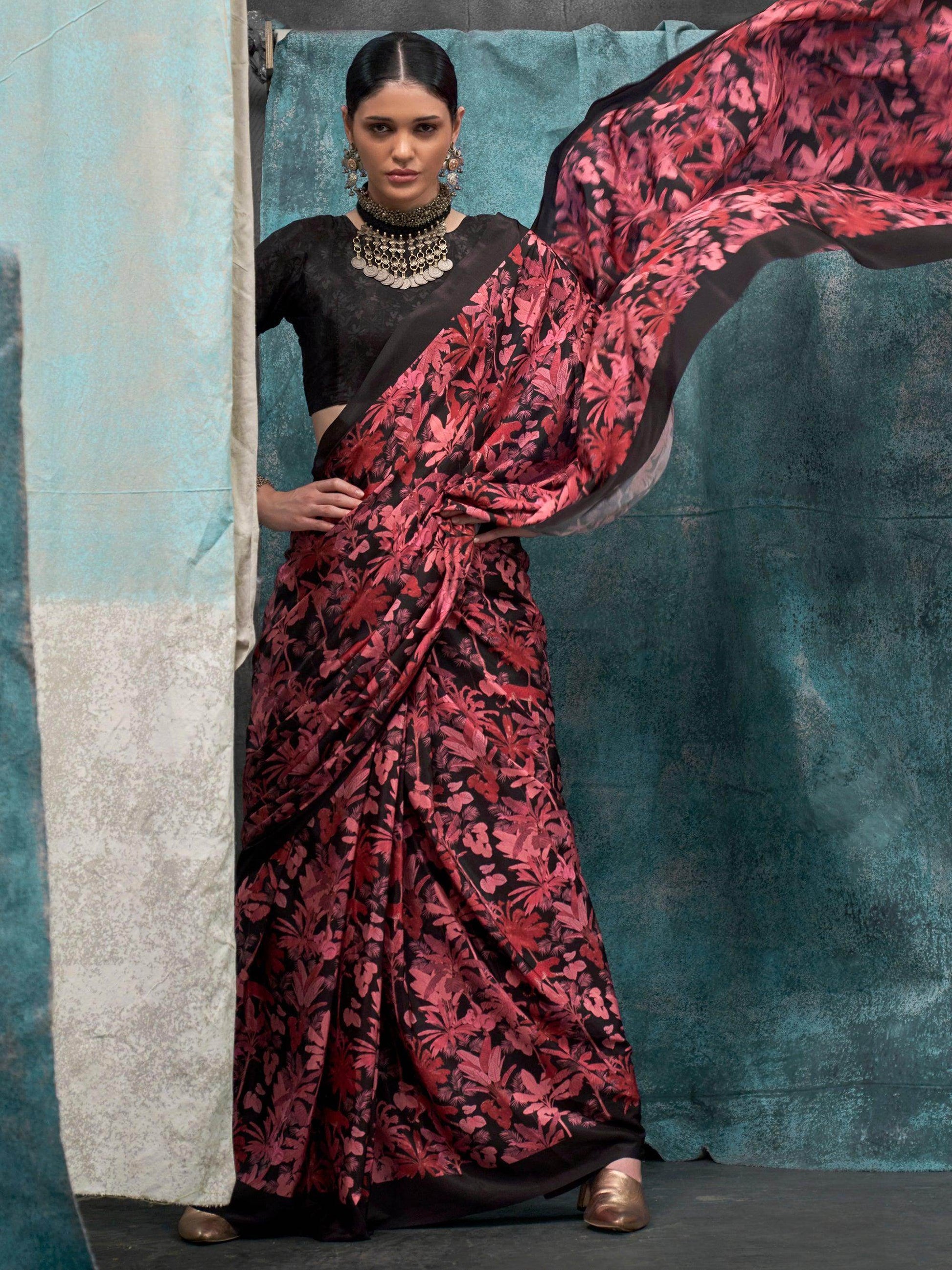 Adorable Black Digital Printed Crape Party Wear Saree With Blouse - Zeel Clothing