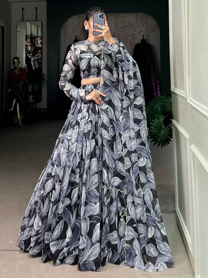 Adorable Black Digital Printed Silk Party Wear Lehenga Choli With Dupatta - Zeel Clothing