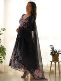 Adorable Black Floral Printed Organza Traditional Anarkali Suit