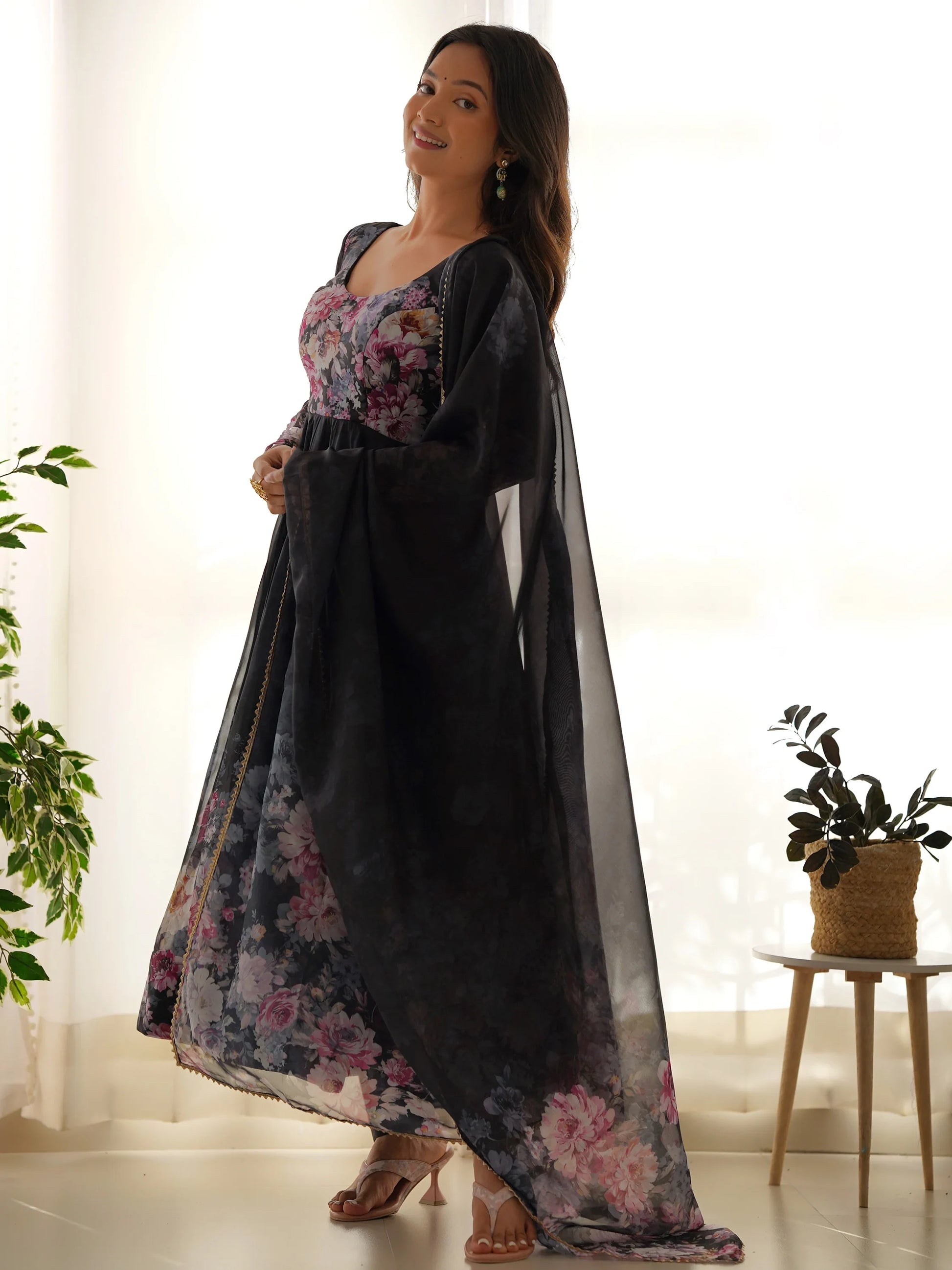 Adorable Black Floral Printed Organza Traditional Anarkali Suit