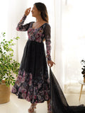 Adorable Black Floral Printed Organza Traditional Anarkali Suit