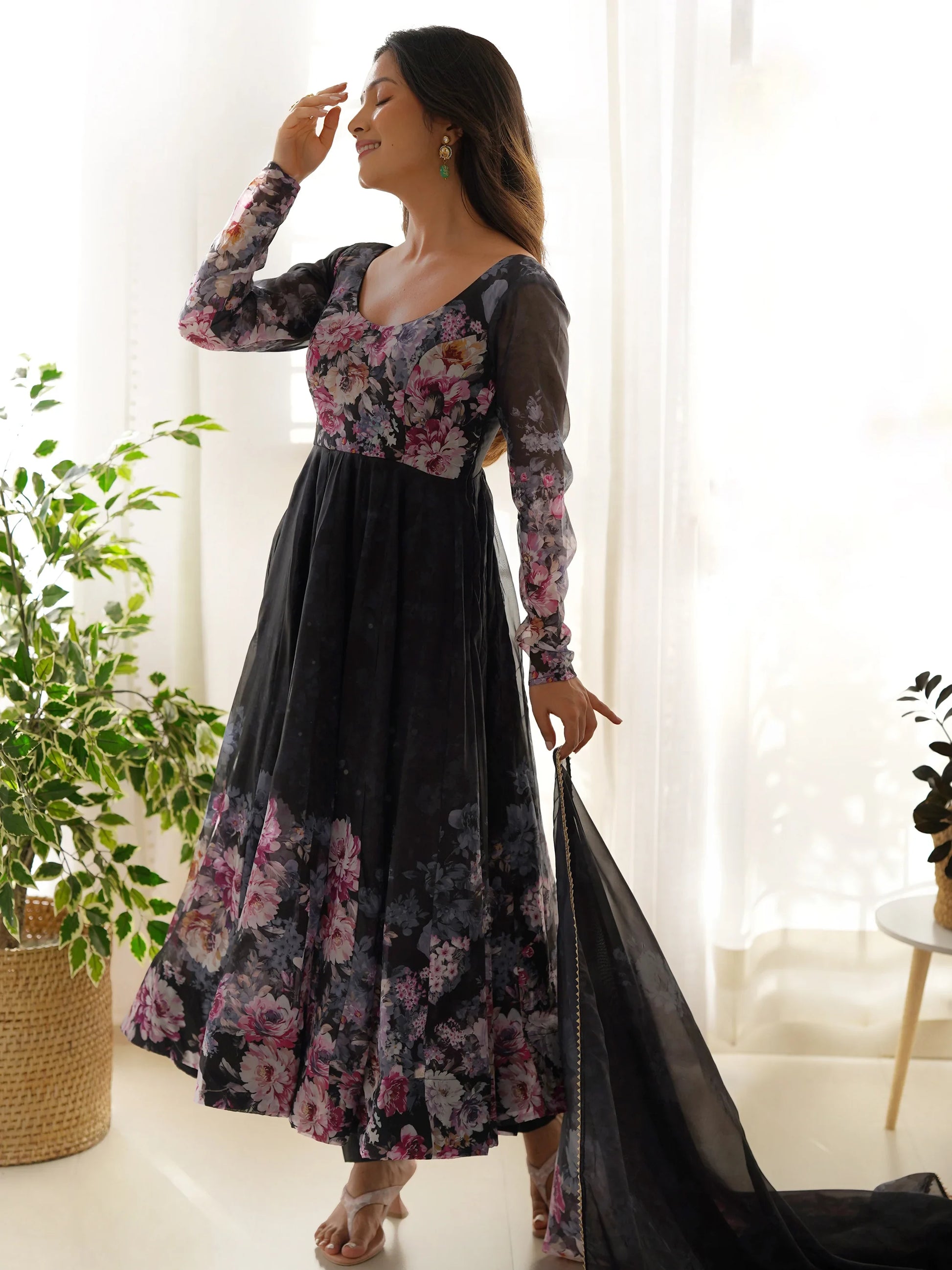 Adorable Black Floral Printed Organza Traditional Anarkali Suit