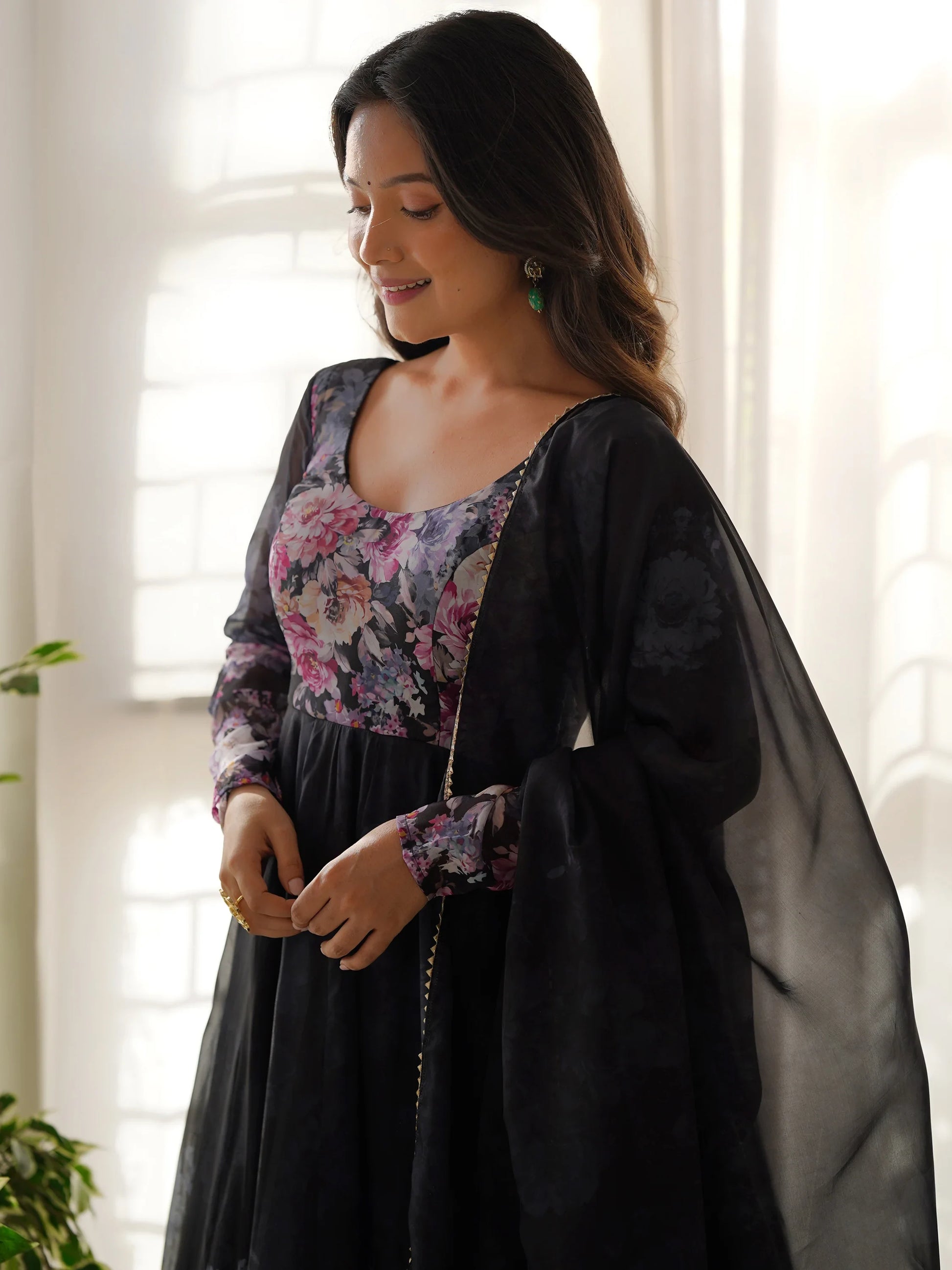Adorable Black Floral Printed Organza Traditional Anarkali Suit
