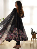 Adorable Black Floral Printed Organza Traditional Anarkali Suit