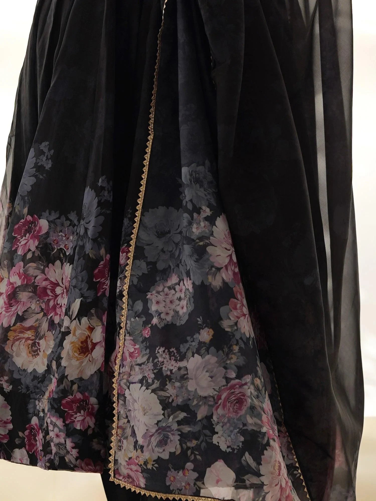 Adorable Black Floral Printed Organza Traditional Anarkali Suit