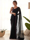 Adorable Black Lace Work Georgette Party Wear Saree With Blouse - Zeel Clothing