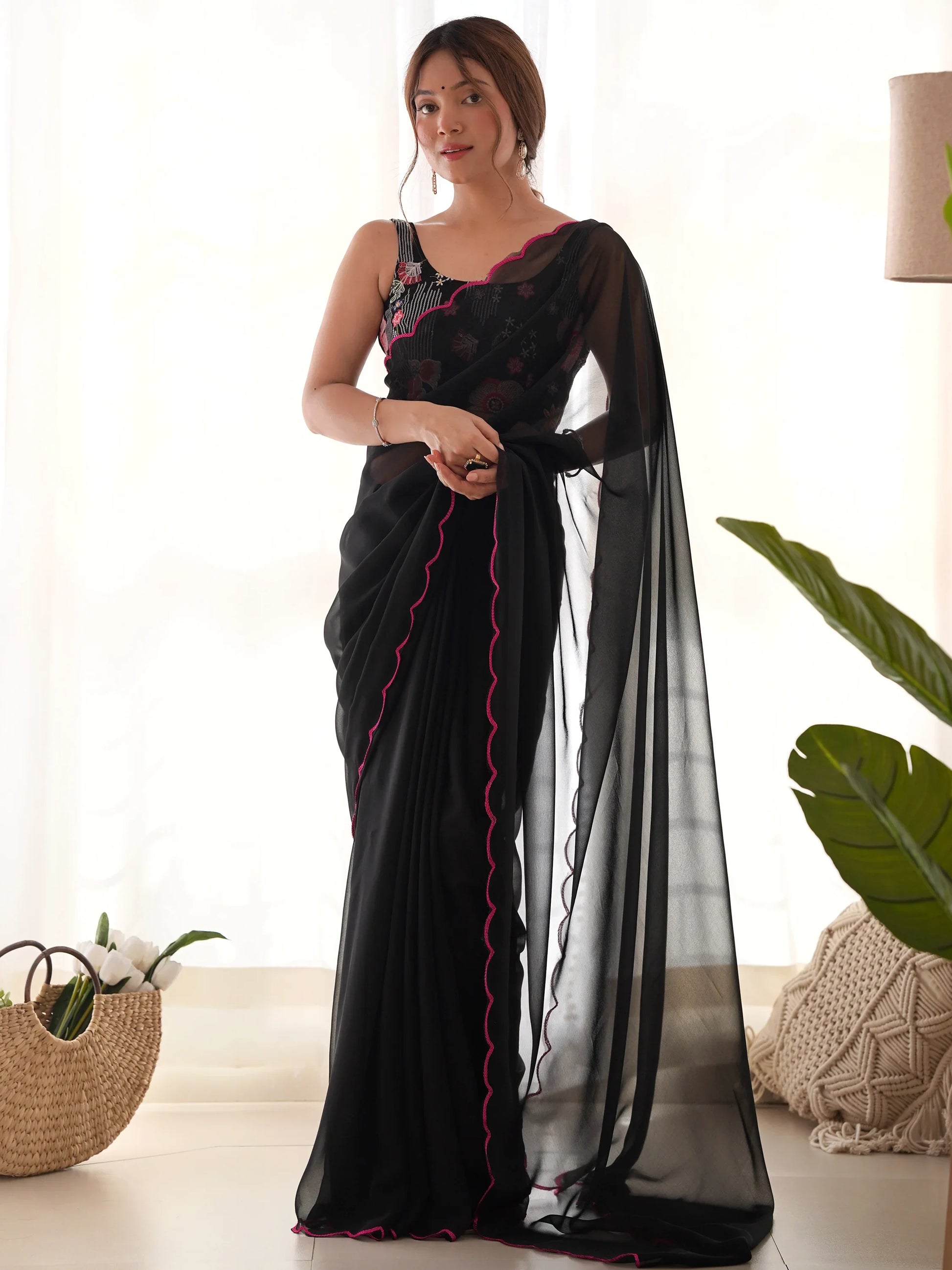 Adorable Black Lace Work Georgette Party Wear Saree With Blouse - Zeel Clothing