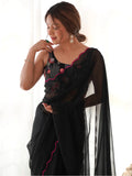 Adorable Black Lace Work Georgette Party Wear Saree With Blouse - Zeel Clothing