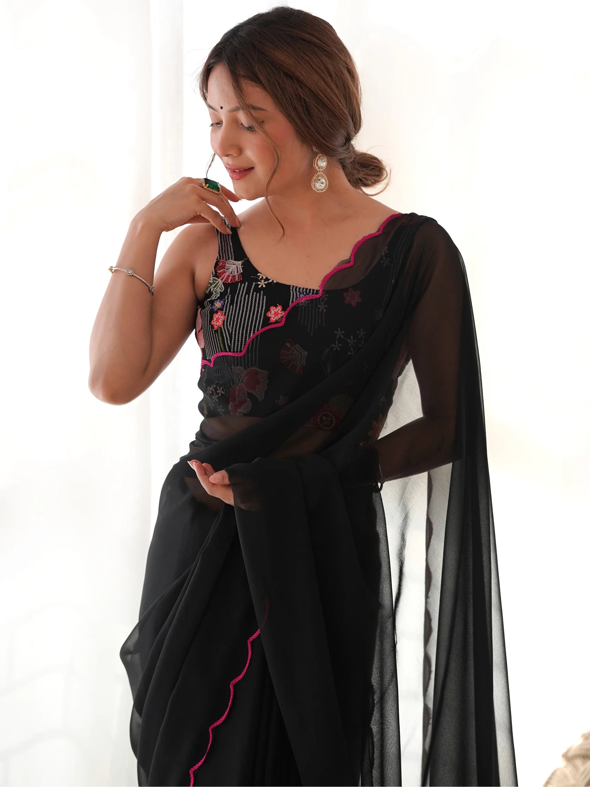 Adorable Black Lace Work Georgette Party Wear Saree With Blouse - Zeel Clothing