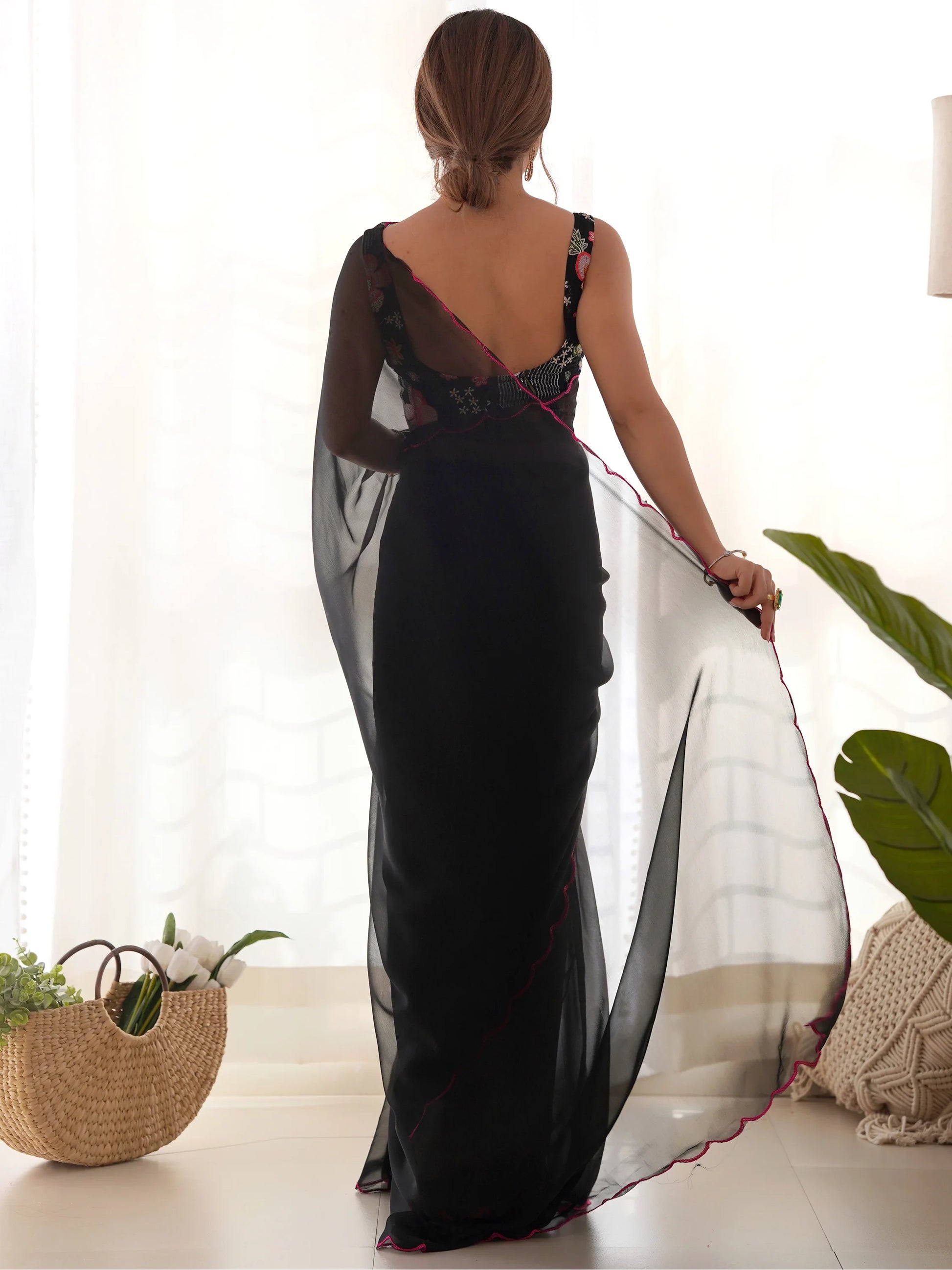 Adorable Black Lace Work Georgette Party Wear Saree With Blouse - Zeel Clothing