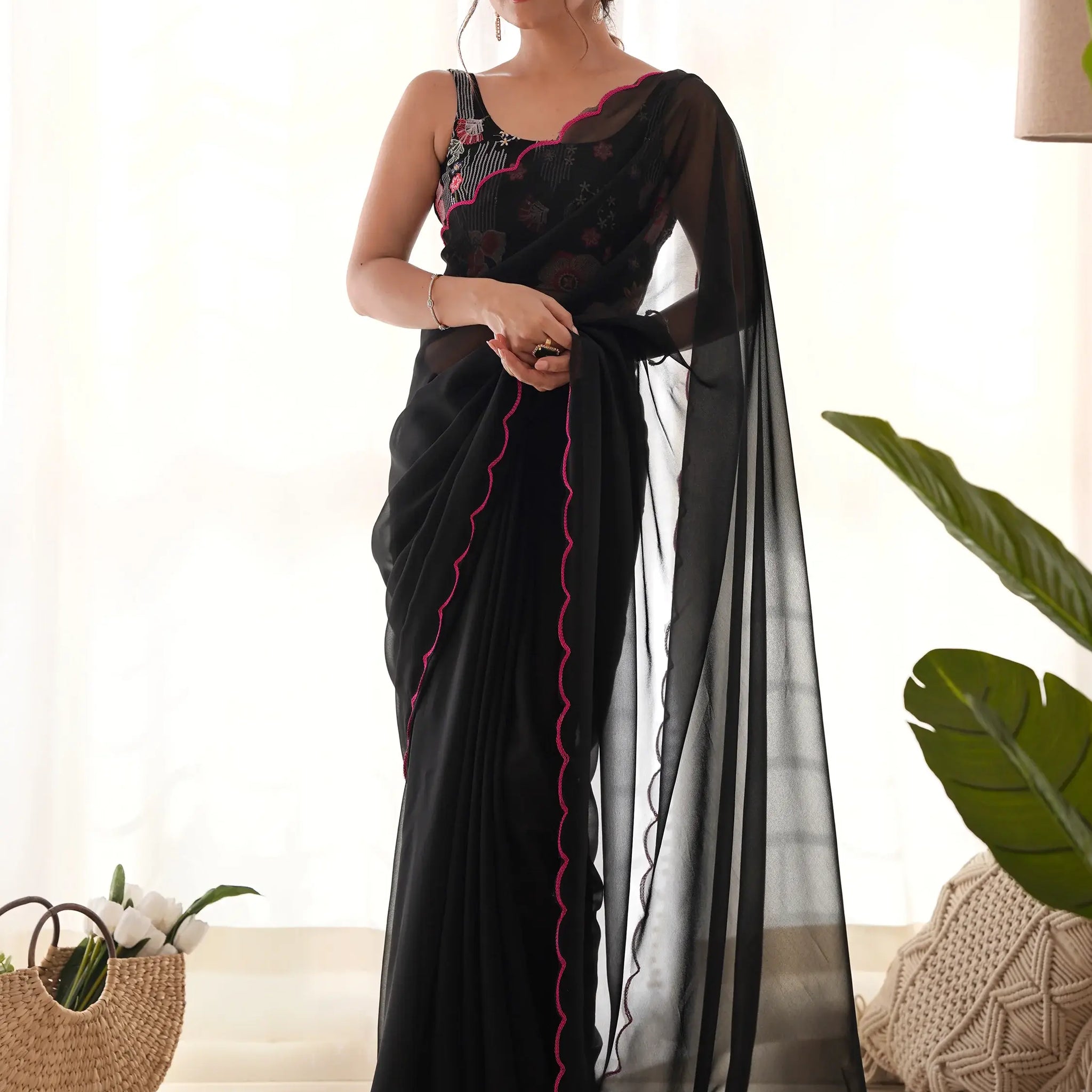 Adorable Black Lace Work Georgette Party Wear Saree With Blouse - Zeel Clothing