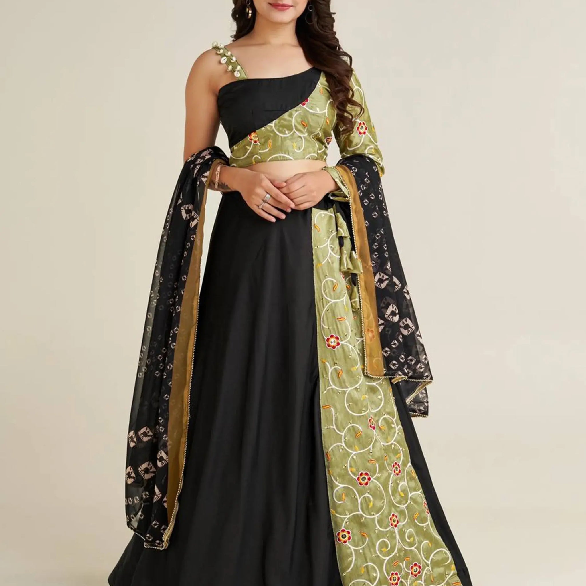 Adorable Black Printed Rayon Navratri Lehenga Choli With Dupatta - Zeel Clothing