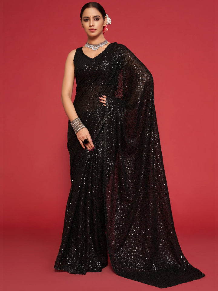 Adorable Black Sequined Georgette Party Wear Saree - Zeel Clothing