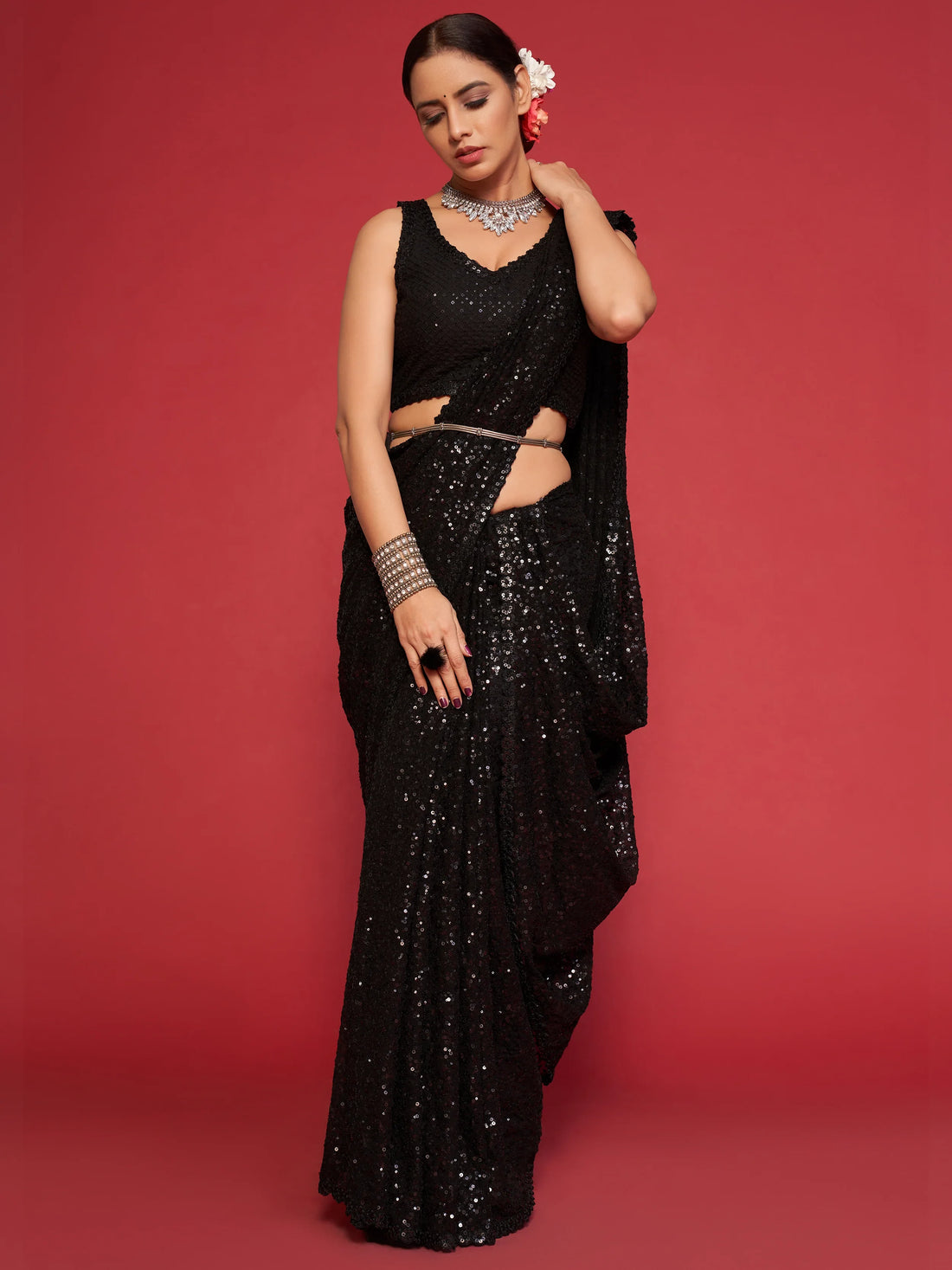 Adorable Black Sequined Georgette Party Wear Saree - Zeel Clothing