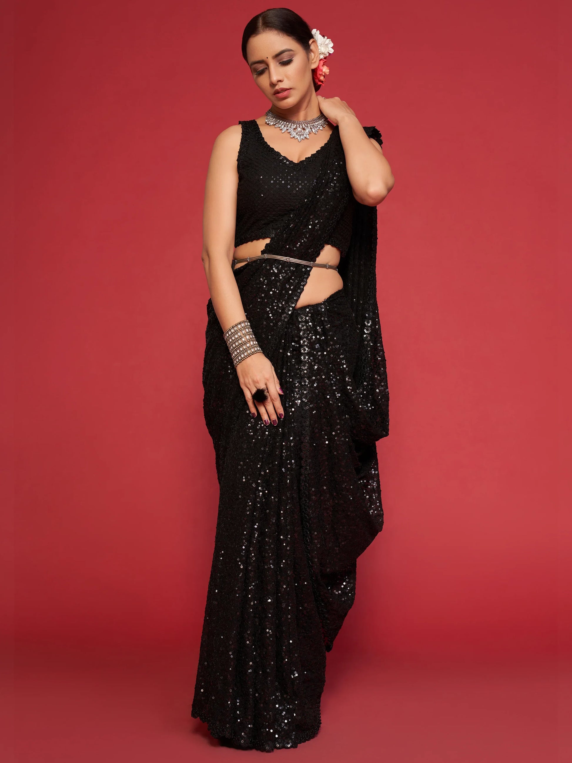 Adorable Black Sequined Georgette Party Wear Saree - Zeel Clothing
