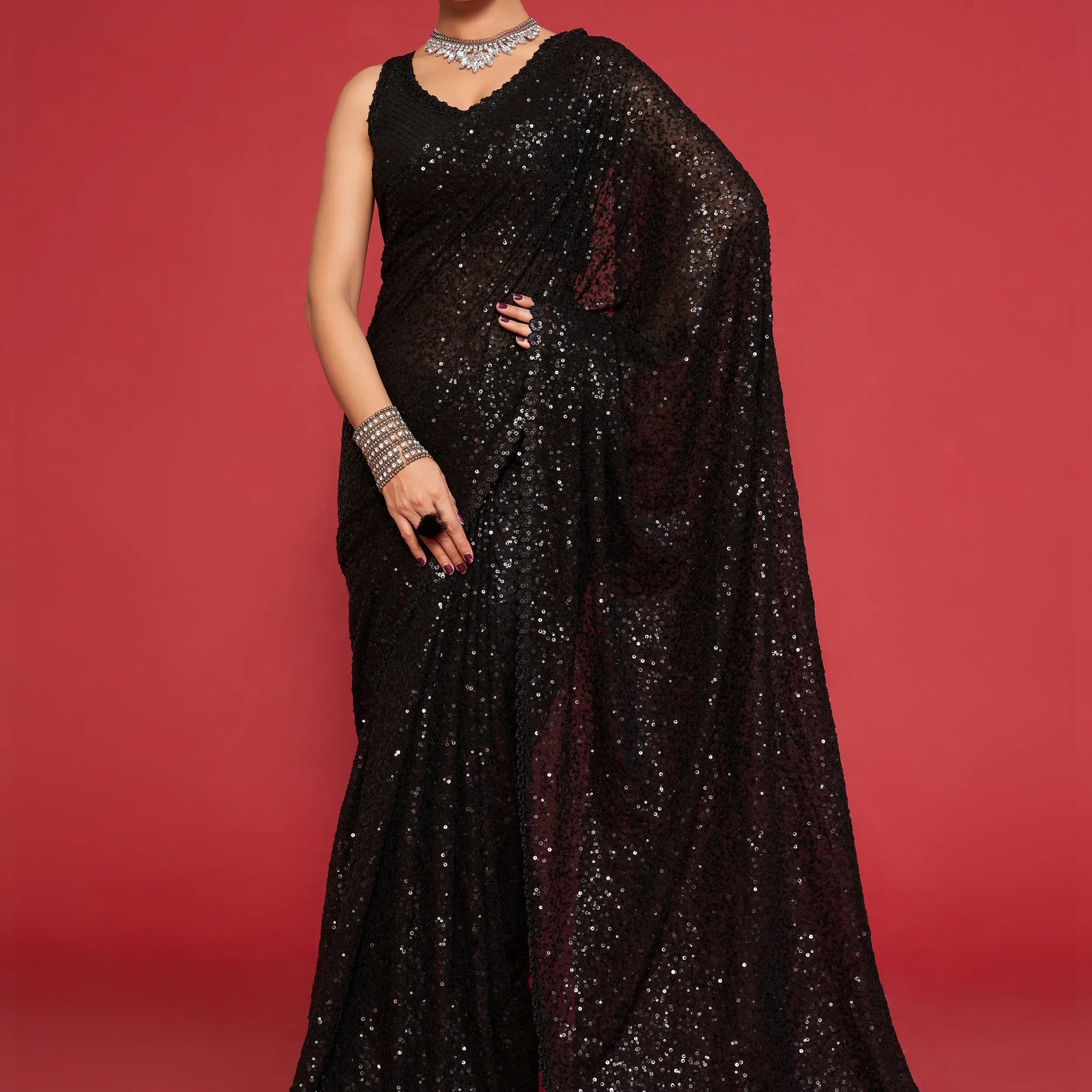 Adorable Black Sequined Georgette Party Wear Saree - Zeel Clothing