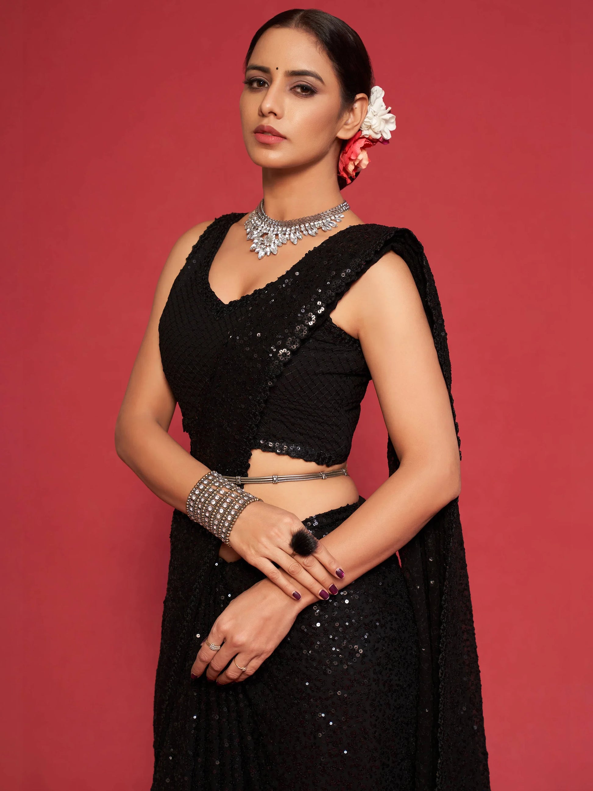 Adorable Black Sequined Georgette Party Wear Saree - Zeel Clothing