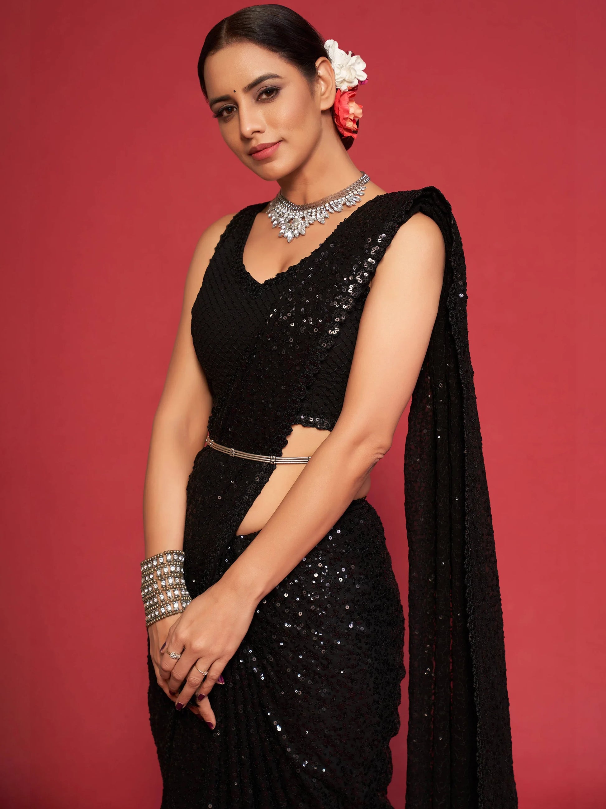 Adorable Black Sequined Georgette Party Wear Saree - Zeel Clothing