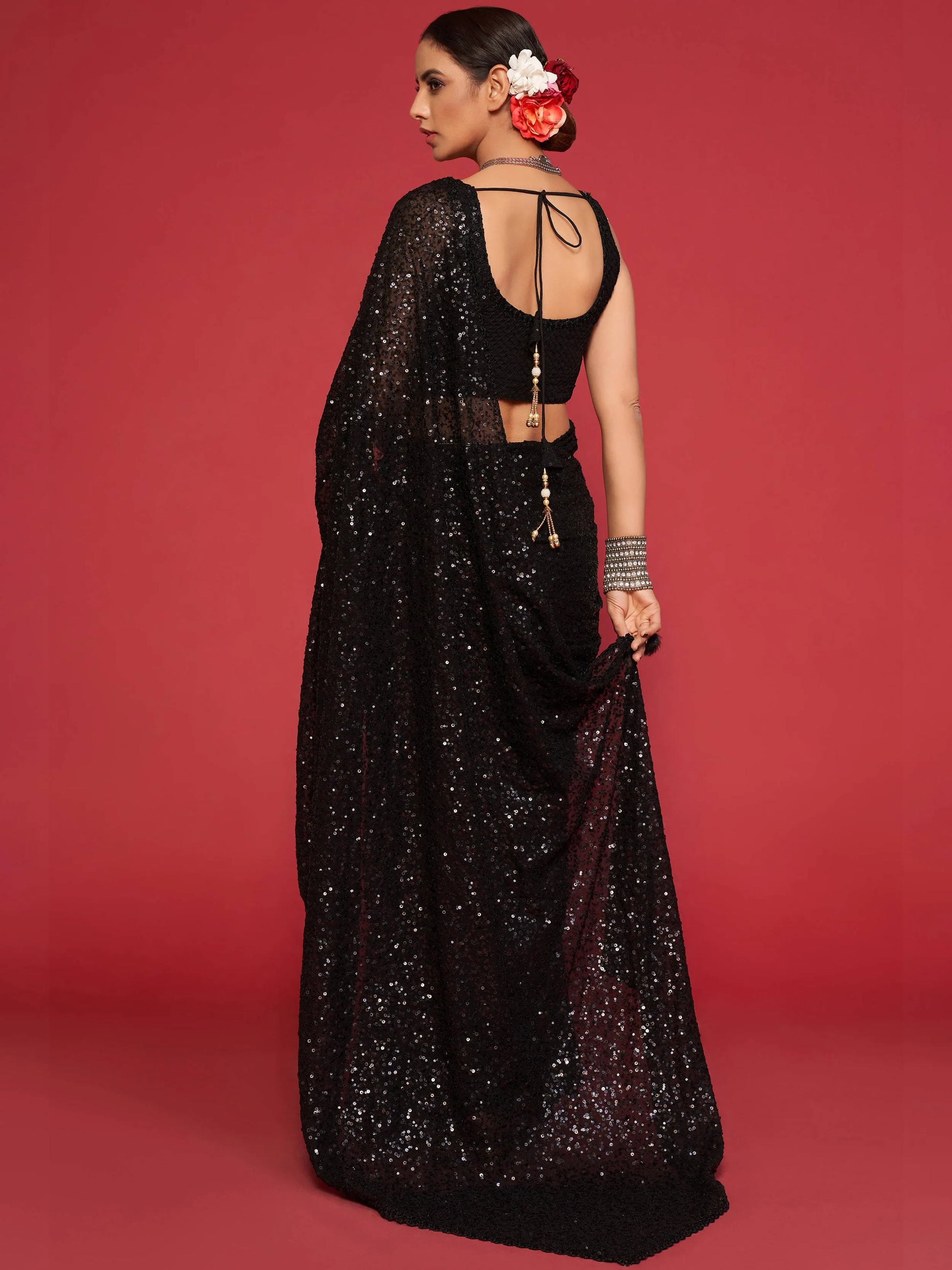 Adorable Black Sequined Georgette Party Wear Saree - Zeel Clothing