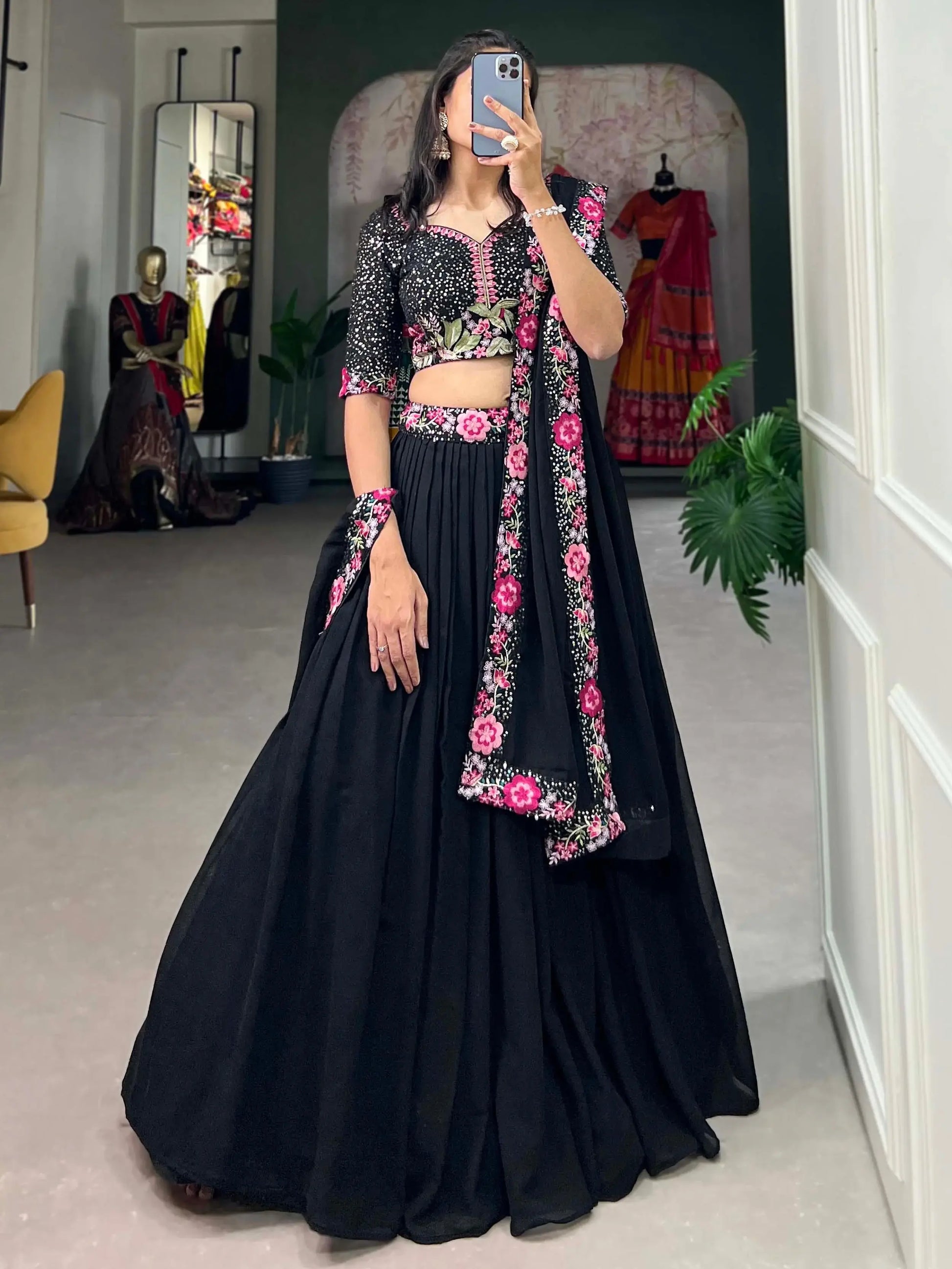 Adorable Black Sequins Georgette Designer Lehenga Choli With Dupatta - Zeel Clothing