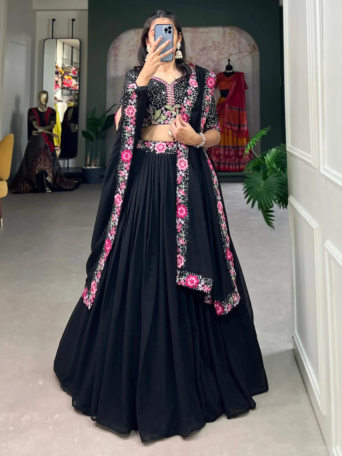 Adorable Black Sequins Georgette Designer Lehenga Choli With Dupatta - Zeel Clothing